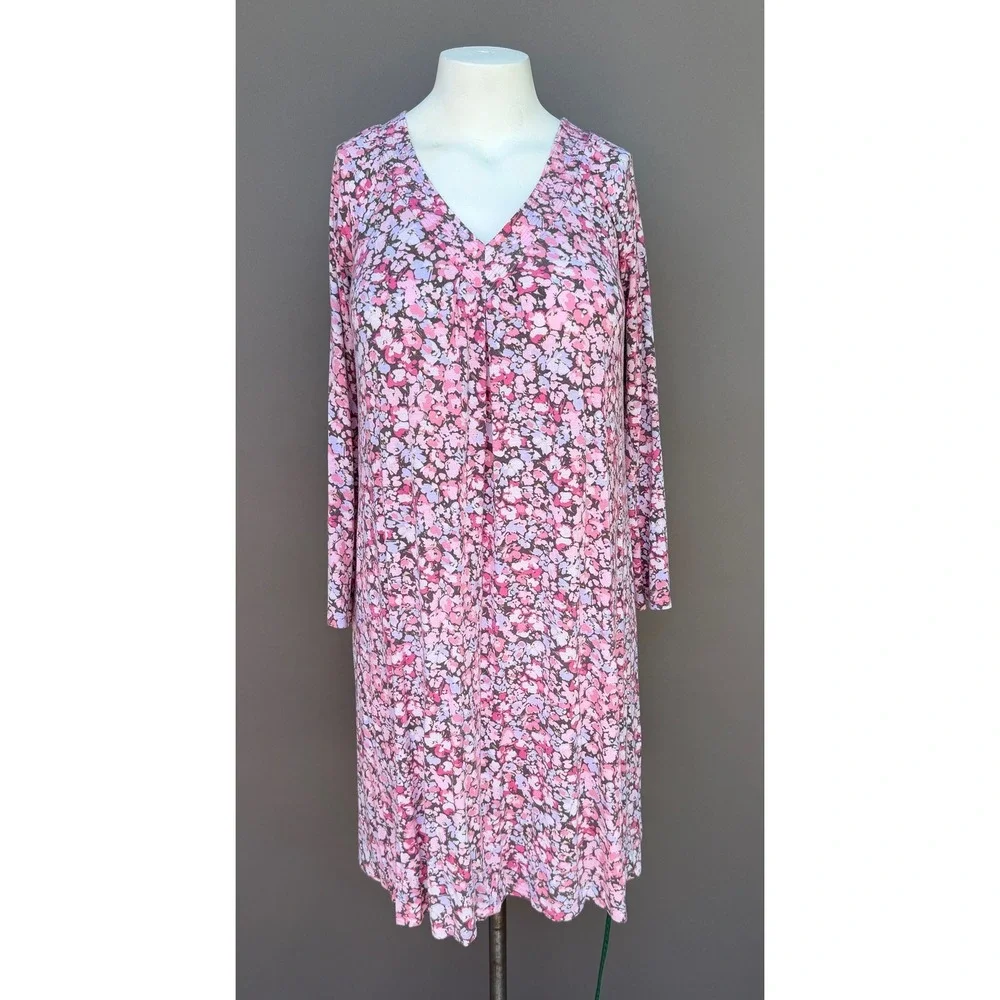 Midnight Carole Hochman Nightgown Medium Pink Floral Long Sleeve VNeck Sleepwear